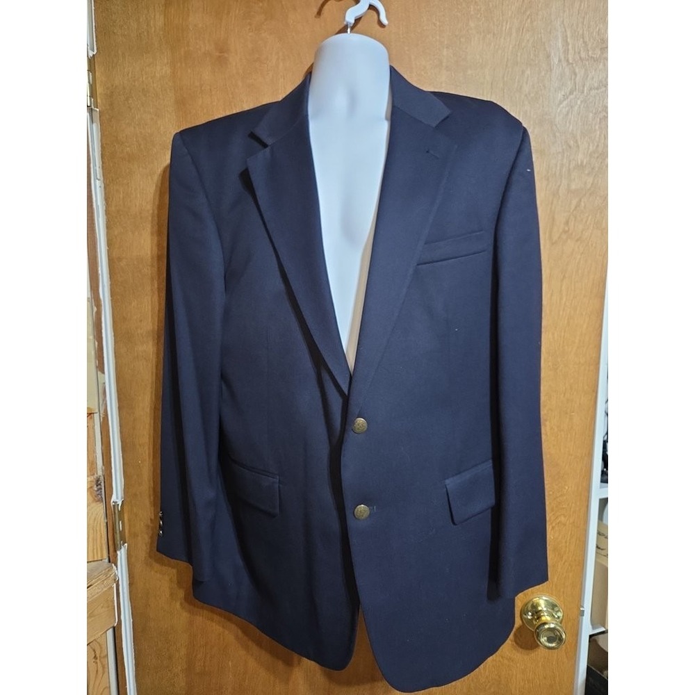 Oscar de la Renta Mens Navy Blue Wool Blend Blazer Gold Crest Buttons 44R